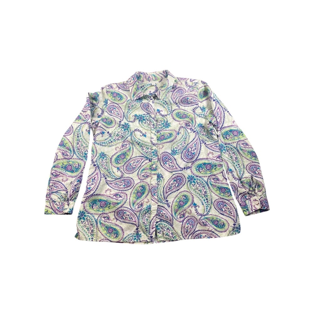 Kim Rogers Paisley Print Long Sleeve Button Up Women's Medium Cotton Linen Blend